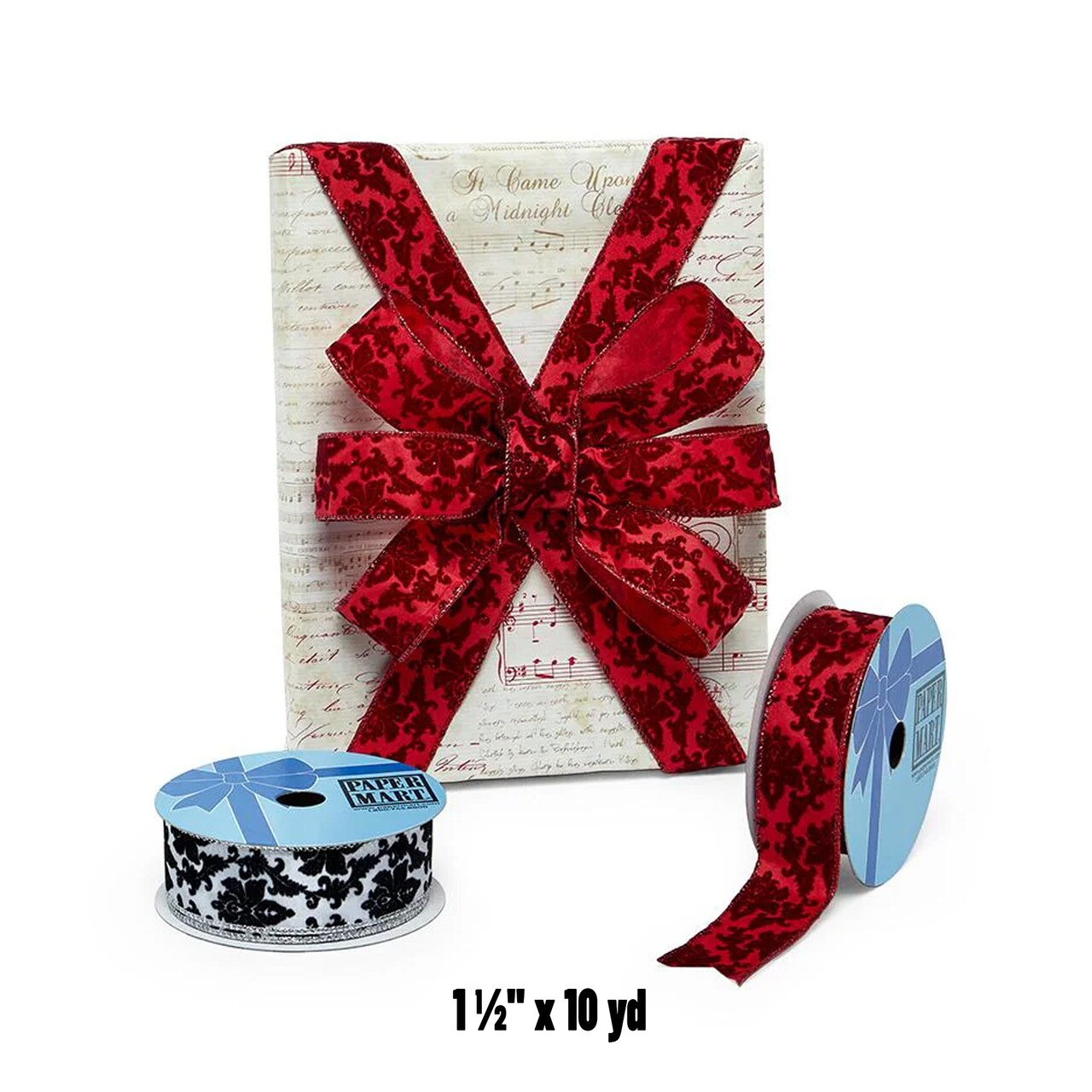 Black and White Damask Flocked Satin Wired Ribbon 1.5" x 10 yd 1 Roll